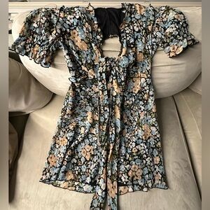 floral Plunge front tie mini dress ruffle skirt and back cutout